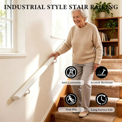 Heavy Duty Wrought Iron Stair Handrail Indoor Outdoor Rust Resistant Custom Length Grab Rail Built Tough With Heavy Gauge Steel Secure Step Railing For Home And Business Use, shown with senior user on stairs.