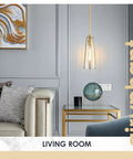 Interior with Gold Glass Pendant Light Set Of 3 With Crackle Glass Shades, modern living room decor with chairs and table