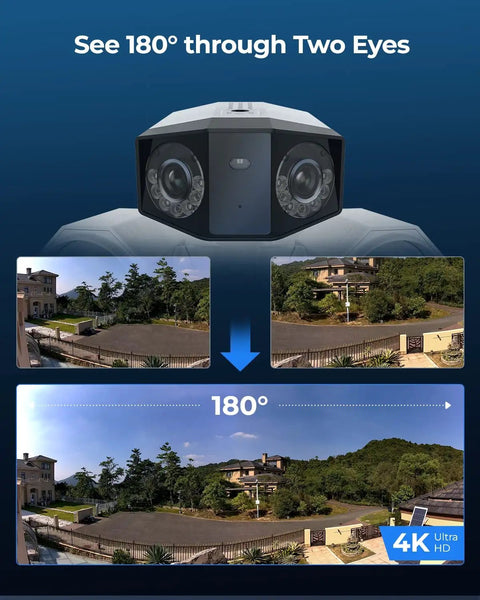 Slick 4K PoE Outdoor Security Camera Duo With Tough Built In Led Floodlight captures 180-degree panoramic view of a property.