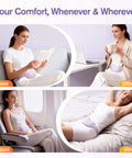 Woman using Portable Belly And Back Heating Pad For Period Cramps at home, office, travel, and sleep settings, wearing cordless belt.