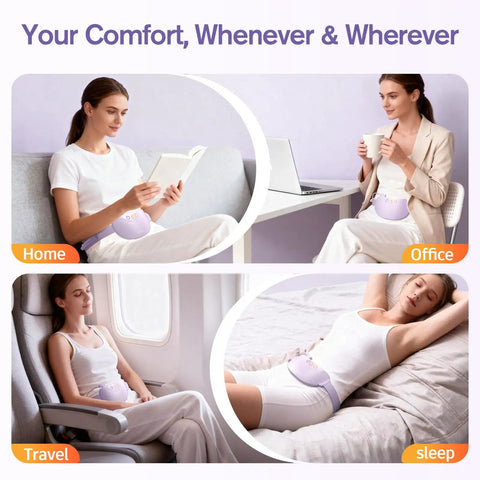 Woman using Portable Belly And Back Heating Pad For Period Cramps at home, office, travel, and sleep settings, wearing cordless belt.