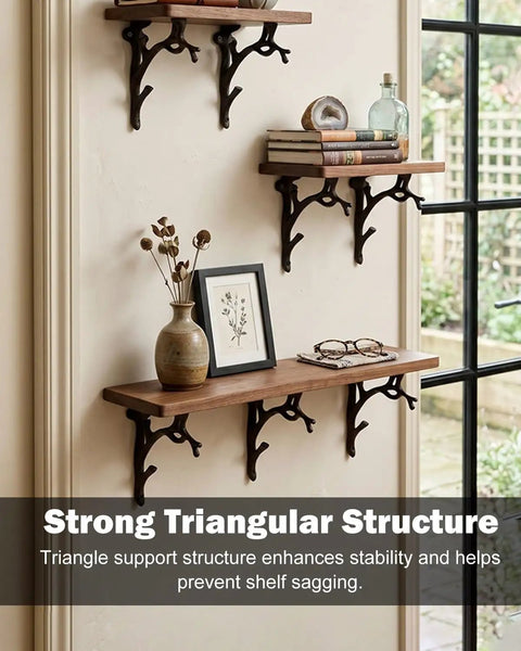 Branch Style Wall Mount L Brackets Vintage Rustic Decorative Support For Kitchen Home Office Thick Wood Shelves mounted with books.
