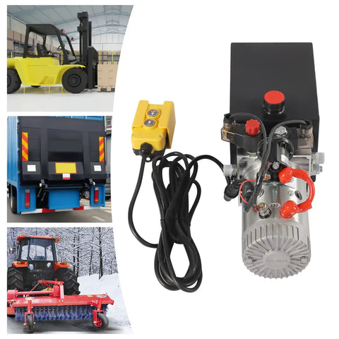 Get This Bad Boy 3KW Hydraulic Pump With A Massive Steel Tank For Your Dump Trailer, Car Lift Or Snow Plow showing pump, remote, and connections.