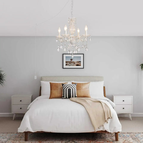 Plug In Crystal Ceramic White Chandelier With Clear Cord And Toggle Switch, Four Light Hanging Pendant Lamp Super Bright For Kitchen Dining Room Foyer Bedroom Instant Glow Up above a cozy bed.