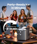 Nugget Ice Maker Countertop in stainless steel on a patio table, producing pellet ice.