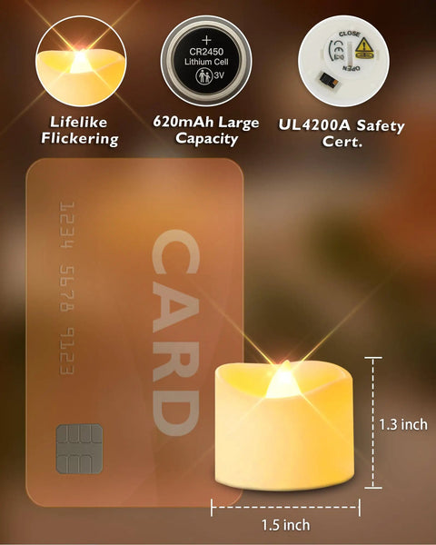 48 Pack Flameless LED Tea Lights With Flickering Warm White Glow, Ivory Bases, Battery Operated, Size Comparison and Features