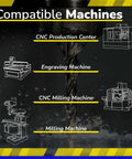 Carbide end mill banner showing compatible machines icons and drill bit, with yellow striped borders.