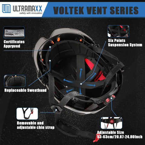 Interior view of the Heavy Duty Safety Helmet With Adjustable Clear And Tinted Visors, Ventilated Hard Hat, Ansi Z891 Certified No Nonsense Job Site Armor For Construction Work, Matte Black Shell, showcasing six-point suspension and adjustable chin strap.