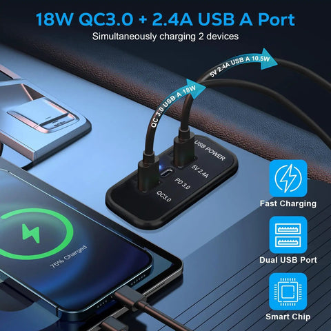 Slick Upgrade 3 Port 12V 24V USB Outlet Panel Quick Charge Fast Charger With USB C PD And USB A QC Ports installed in vehicle.