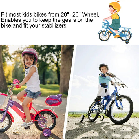 Children riding bikes with training wheels outdoors, compatible with 2 Pack Bicycle Axle Extenders 3/8-26 TPI Stainless Steel.