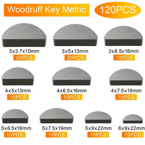 Woodruff key assortment kit, 120 pcs, metric half-moon keys in 10 sizes