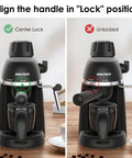 No Hassle Portable Coffee Machine With Quick Turn 800 Watt Espresso And Cappuccino Maker Featuring Built In Milk Frother For Straight Up Lattes And Smooth Daily Grinds Black, showing locking mechanism on two angles.