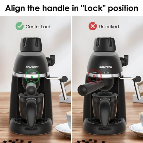 No Hassle Portable Coffee Machine With Quick Turn 800 Watt Espresso And Cappuccino Maker Featuring Built In Milk Frother For Straight Up Lattes And Smooth Daily Grinds Black, showing locking mechanism on two angles.