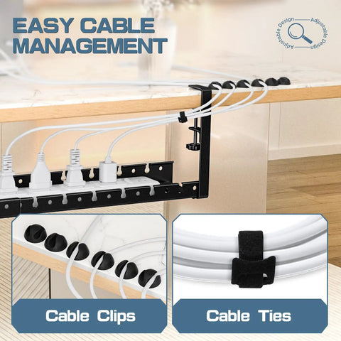 Under Desk Cable Management System With Adjustable Organizer And Adhesive Clip Holders, No Drill Setup, Reusable Cable Ties, Stable Durable Build, Keeps Cables Neat And Easy Access, Black