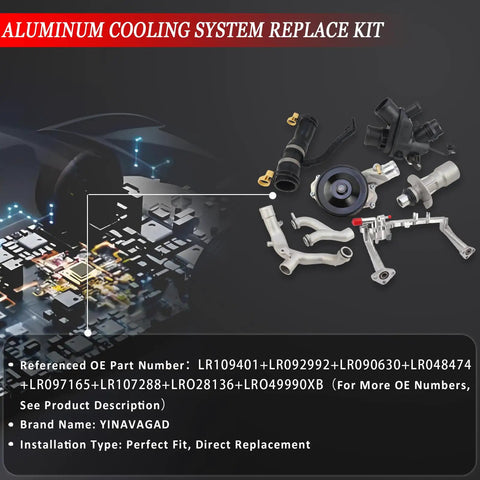 Heavy Duty Aluminum Cooling System Replacement Kit For Jaguar And Land Rover 2010 To 2020 3.0L 5.0L Engines components layout.