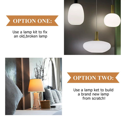 Two options for using Two Pack Floor Lamp Repair Kit With 12 Foot Cords And 3 Way Socket Copper Plated Hardware shown in a home setting.