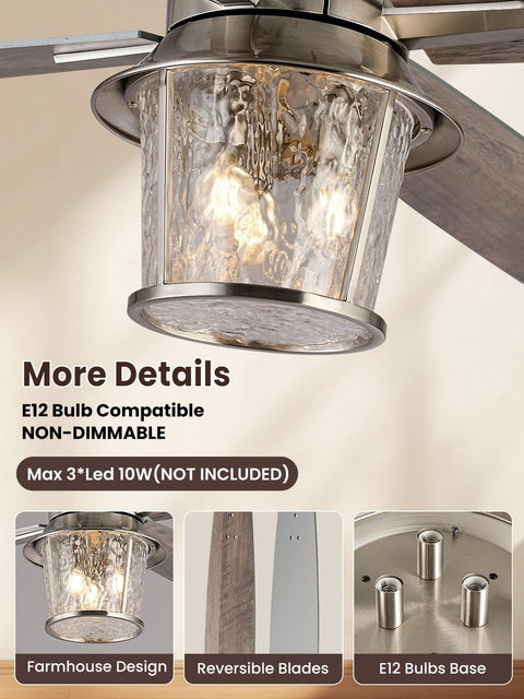 TALOYA 52" Farmhouse Ceiling Fan with Light and Remote, Rustic Style with textured glass shade and metal frame.