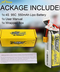 R Line 550mAh 4S 14.8V 95C Lipo Battery Pack With XT30 Plug for FPV Racing Quad Copter shown with packaging and manual