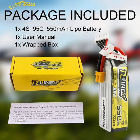 R Line 550mAh 4S 14.8V 95C Lipo Battery Pack With XT30 Plug for FPV Racing Quad Copter shown with packaging and manual