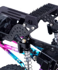 Close-up of Carbon Fiber LCG Chassis Frame Rail Kit for 1/24 RC Crawler with multiple shock mounts and durable build