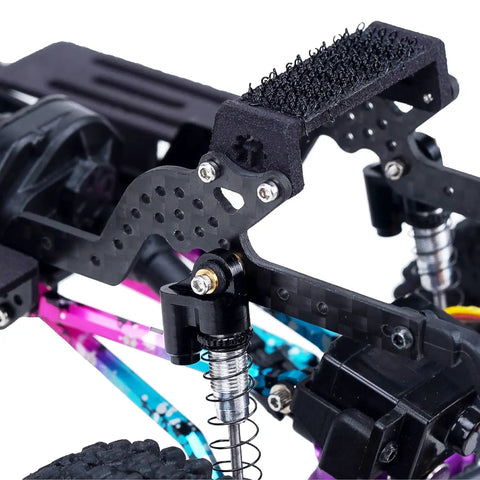 Close-up of Carbon Fiber LCG Chassis Frame Rail Kit for 1/24 RC Crawler with multiple shock mounts and durable build