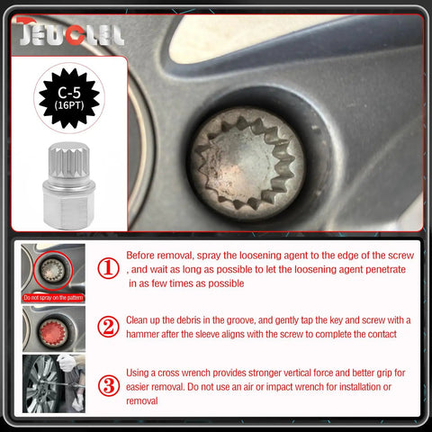 Close-up of All In One 23 Piece Wheel Lock Nut Key Kit For VW And Audi Vehicles Quick Removal And Replacement Of Anti Theft Lug Nuts