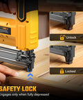 Heavy Duty Cordless 2 In 1 Nail Gun And Staple Gun For Quick Home Fixes showing safety lock feature engaged during operation.