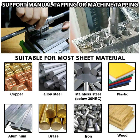 Pro Grade M14x1.5 Thread Tap HSS 6542 in use, suitable for materials like steel, brass, aluminum, copper, wood, plastic.