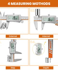 6 Inch Digital Caliper With Rechargeable Battery And Large Backlit LCD For Ultra Precise Measurements In Inches Millimeters And Fractions, Type C Charge, No More Battery Replacements, The Go To Tool For 3D Printing Woodworking And DIY showing external, internal, step and depth measurements
