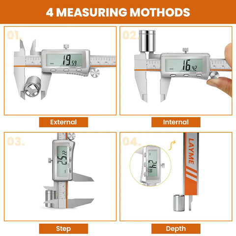 6 Inch Digital Caliper With Rechargeable Battery And Large Backlit LCD For Ultra Precise Measurements In Inches Millimeters And Fractions, Type C Charge, No More Battery Replacements, The Go To Tool For 3D Printing Woodworking And DIY showing external, internal, step and depth measurements