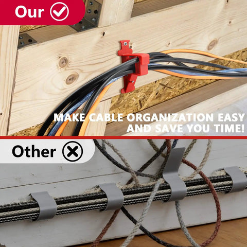 Sihai 10 Pack Hammer In Insulated Cable Staples, Heavy Duty Multi Cable Stacker For Romex Coaxial Cat5 Nm Cable, Flame Retardant Red on wood.