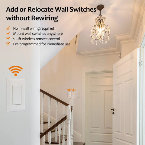 Wireless 3 Way Light Switch Kit No Wiring 15A High Power With Remote Receiver shown in a hallway with chandelier and stairs