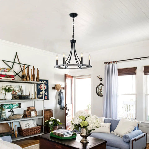 Farmhouse Wagon Wheel Chandelier 20 Inch Black Brown Iron With 6 Lights Round Rustic Kitchen Island Pendant Light in living room