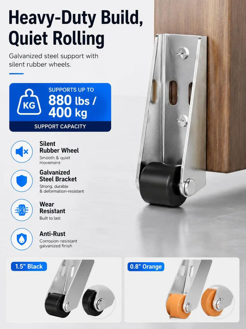 Heavy Duty Vertical Track Roller Wheel With Bracket Handles Heavy Doors Like A Dream Quiet Rubber Glides Anti Wobble Support For Cabinets Furniture Universal Fit Single Orange Piece showing galvanized steel bracket and silent rubber wheels.