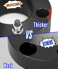 Comparison of 3 Inch Front Leveling Lift Kit For 2004 Through 2026 Ford F150 Strut Mount Spacer showing a thick aluminum spacer next to a cracked one.