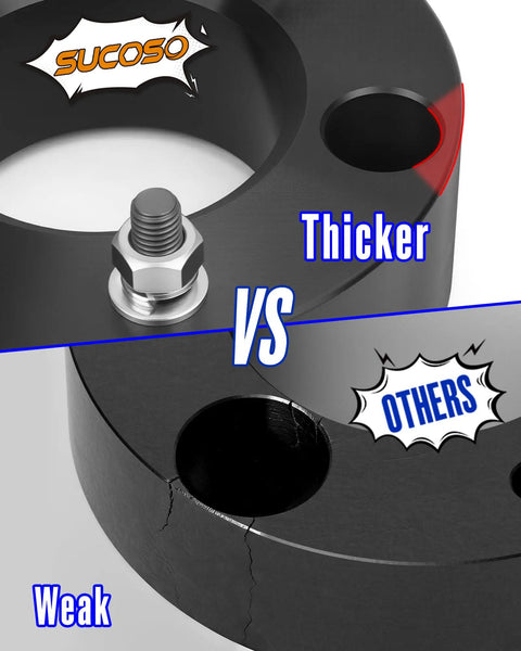 Comparison of 3 Inch Front Leveling Lift Kit For 2004 Through 2026 Ford F150 Strut Mount Spacer showing a thick aluminum spacer next to a cracked one.