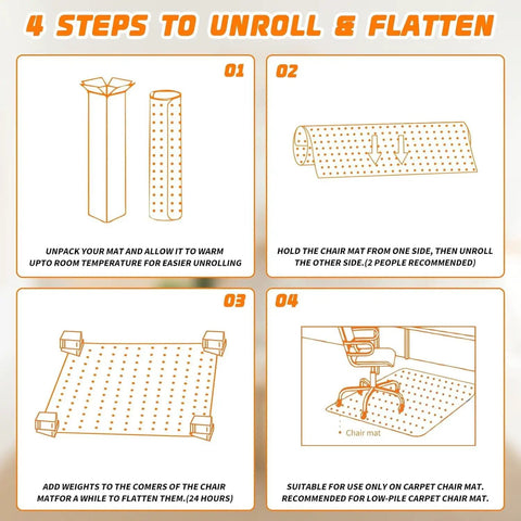 Instructional guide for unpacking and using Thick Office Chair Mat For Carpeted Floors 48 By 30 Desk Mat With Easy Glide