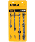 DEWALT Masonry drill bit set, 4-piece percussion, yellow packaging; sizes 3/16 in, 1/4 in, 5/16 in, 3/8 in