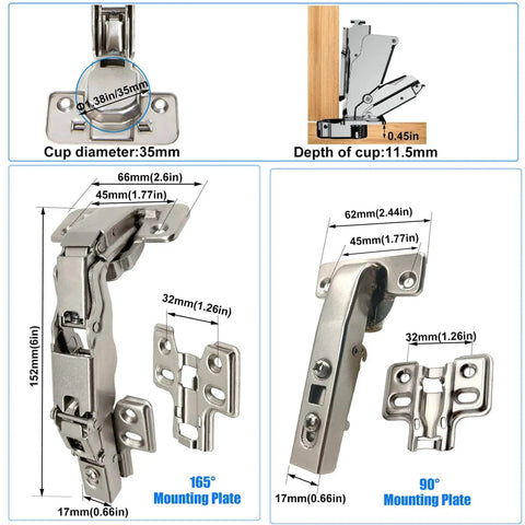 Diagrams showing Pie Corner Cabinet Hinge Set With Soft Close For Frameless Clip On Concealed Mount Bi Fold Doors Two Pairs At 90 Degree And 165 Degree Angles Hidden Lazy Susan Kitchen Cabinet Hardware, detailing measurements and angles.