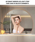 Modern Floating Double Sink Bathroom Vanity 92 Inch Wide With Oak Wood Cabinet And Ceramic Sinks Smart Anti Fog Mirror close-up with LED light.