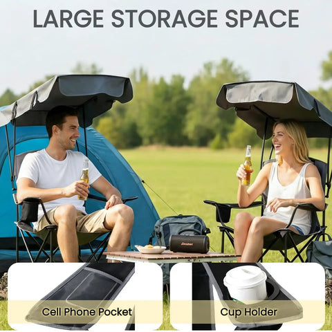 Couple using Oversized Camping Chair With Adjustable Canopy 380 Lbs Capacity with cup holders and phone pockets outdoors