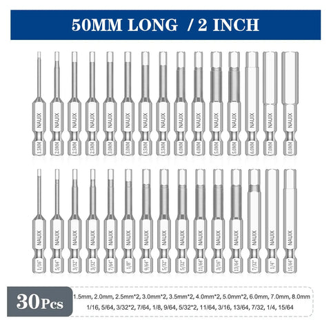 30 Piece Hex Head Allen Wrench Drill Bit Set With One Quarter Inch Shank Metric And SAE S2 Steel Bits Magnetic Tips 50mm Long