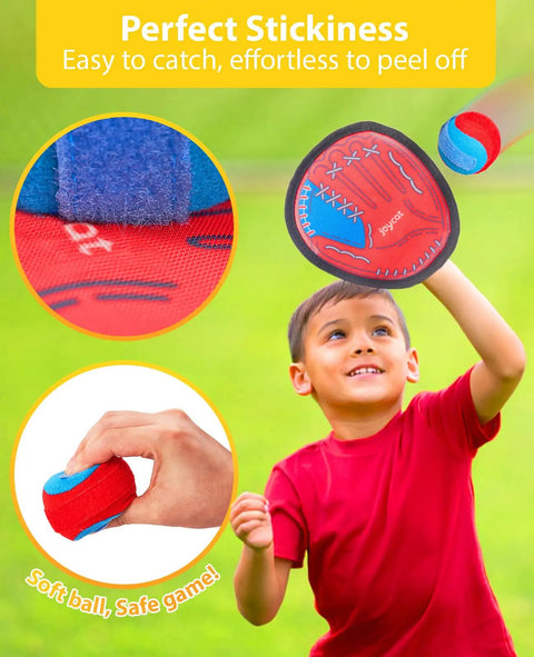 Child playing with Toss And Catch Ball Game With Four Sticky Paddles For Kids, showing close-up of sticky ball and paddle grip.