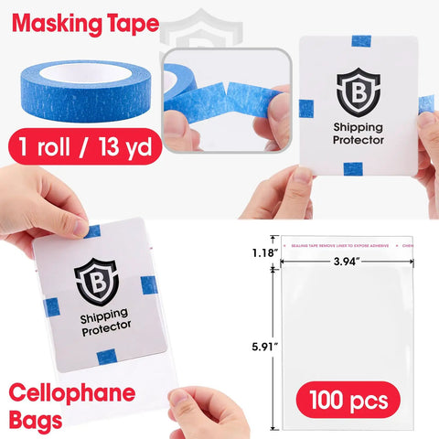 All In One Trading Card Shipping Kit With 120 Card Protectors 3.5 By 4.5 Inches, 60 Black Bubble Mailers, 100 Cellophane Bags, And 1 Roll Painter Tape for card packing