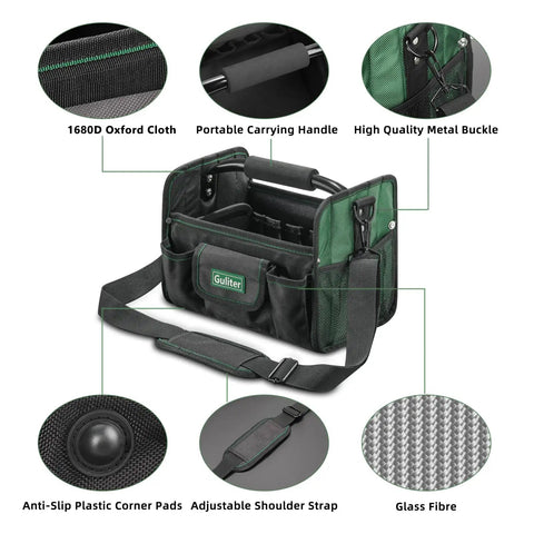 Solid 11 Inch Open Top Tool Tote With 21 Slick Pockets Built For Electricians And Contractors Durable 1680D Oxford Canvas Work Bag Sporting Stainless Steel Handle And Comfy Adjustable Strap For The Daily Grind And Quick Gear Grab Black Green