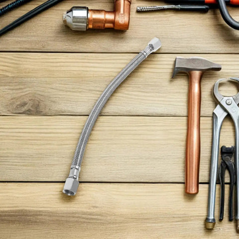 Heavy Duty Beefed Up Air Compressor Replacement Hose Kit With Stainless Steel And Aluminum Tubes on wooden surface