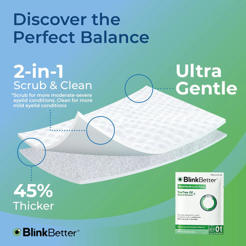 BlinkBetter Tea Tree Oil Eyelid Wipes package; ultra gentle, 2-in-1 scrub & clean.