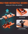 Beefy 1100 Lbs Motorcycle Lift Center Scissor Jack With Saddle And Safety Pin shown with safety pin, non-slip saddles, and 6-hole design