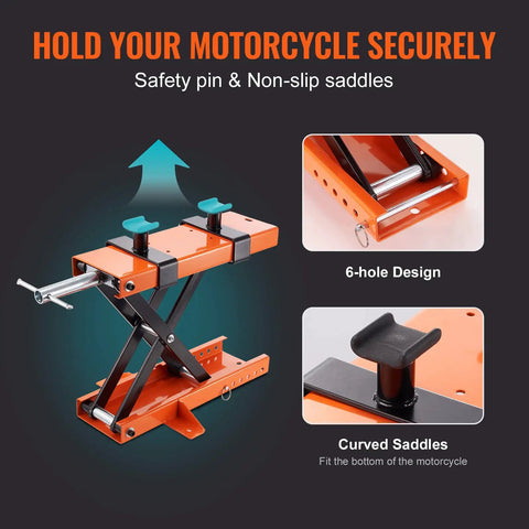 Beefy 1100 Lbs Motorcycle Lift Center Scissor Jack With Saddle And Safety Pin shown with safety pin, non-slip saddles, and 6-hole design