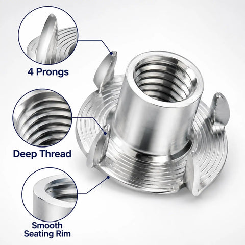 Heavy Duty Four Claw Tee Nuts For Woodworking 304 Stainless Steel Or Galvanized Backside Grip Threaded Inserts, M4 Size